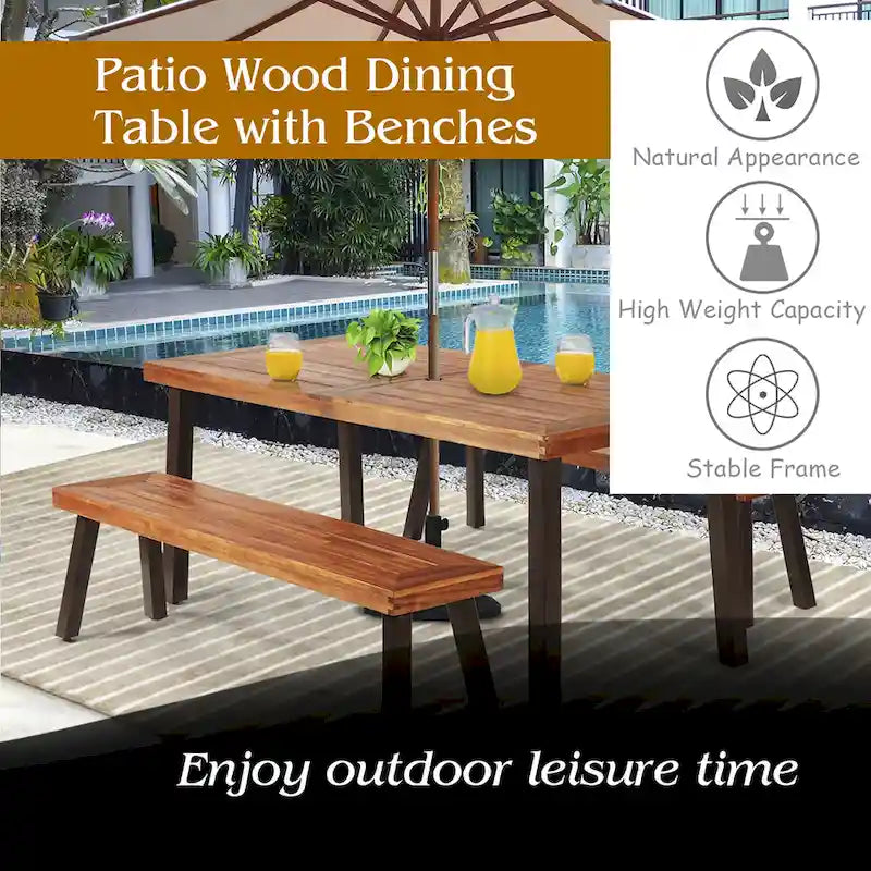 Costway – Ensemble table de pique-nique 3 pièces, table et banc en bois d'acacia avec acier