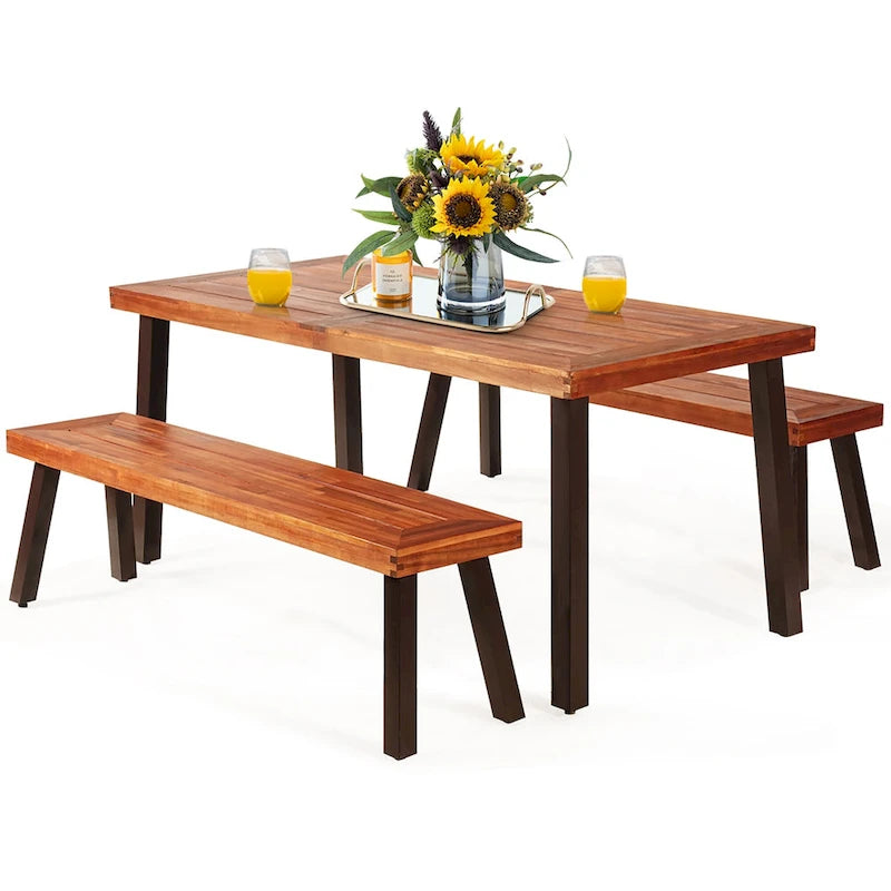 Costway – Ensemble table de pique-nique 3 pièces, table et banc en bois d'acacia avec acier