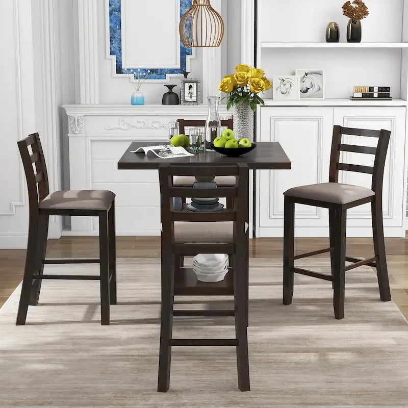 Ensemble de salle à manger 5 pièces en bois à hauteur de comptoir avec chaises rembourrées et étagères de rangement pour cuisine