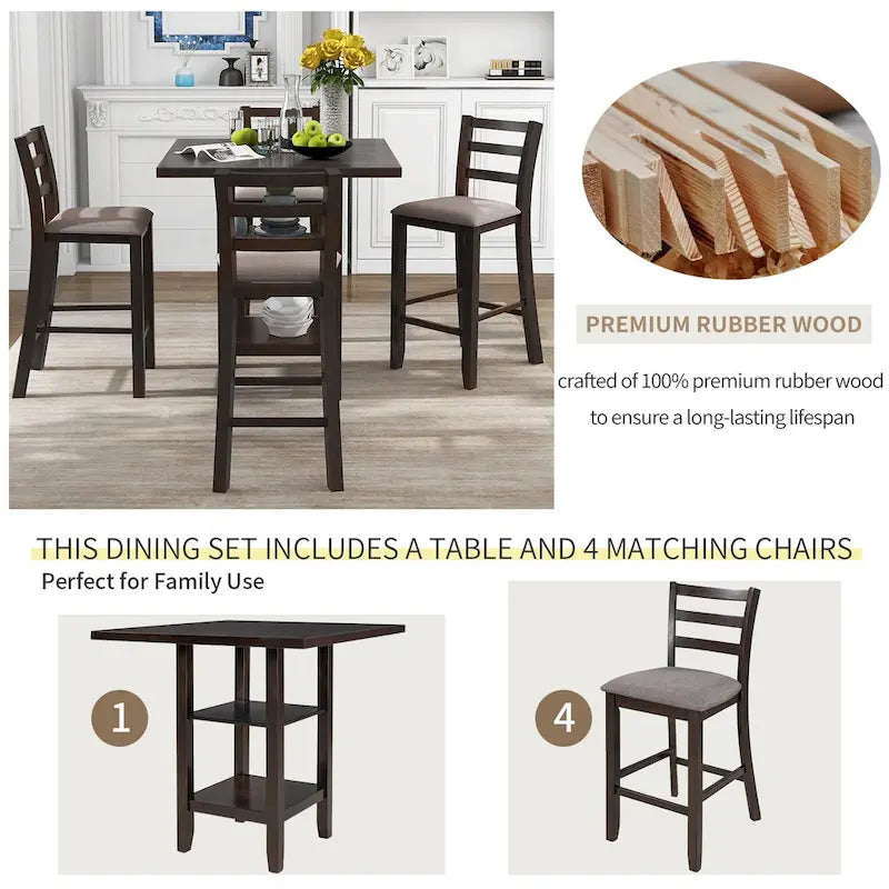 Ensemble de salle à manger 5 pièces en bois à hauteur de comptoir avec chaises rembourrées et étagères de rangement pour cuisine