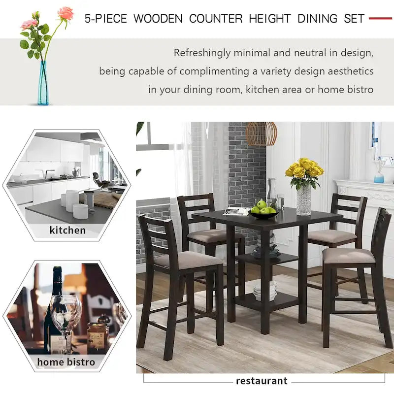 Ensemble de salle à manger 5 pièces en bois à hauteur de comptoir avec chaises rembourrées et étagères de rangement pour cuisine