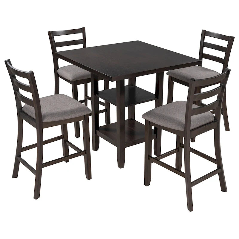 Ensemble de salle à manger 5 pièces en bois à hauteur de comptoir avec chaises rembourrées et étagères de rangement pour cuisine