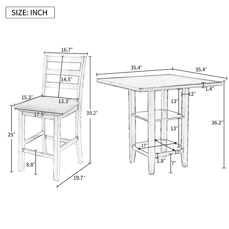 Ensemble de salle à manger 5 pièces en bois à hauteur de comptoir avec chaises rembourrées et étagères de rangement pour cuisine