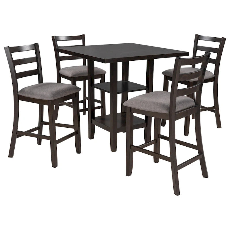 Ensemble de salle à manger 5 pièces en bois à hauteur de comptoir avec chaises rembourrées et étagères de rangement pour cuisine