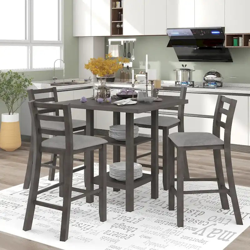 Ensemble de salle à manger 5 pièces en bois à hauteur de comptoir avec chaises rembourrées et étagères de rangement pour cuisine
