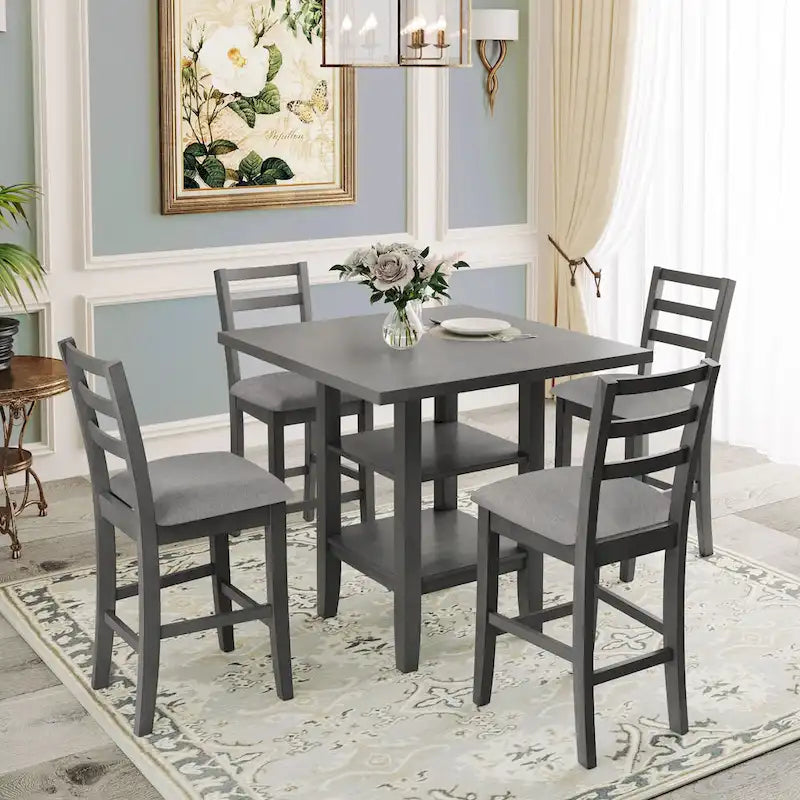 Ensemble de salle à manger 5 pièces en bois à hauteur de comptoir avec chaises rembourrées et étagères de rangement pour cuisine