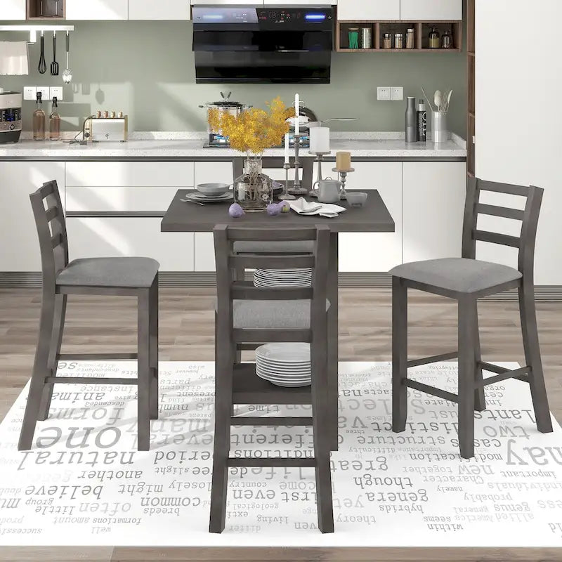 Ensemble de salle à manger 5 pièces en bois à hauteur de comptoir avec chaises rembourrées et étagères de rangement pour cuisine