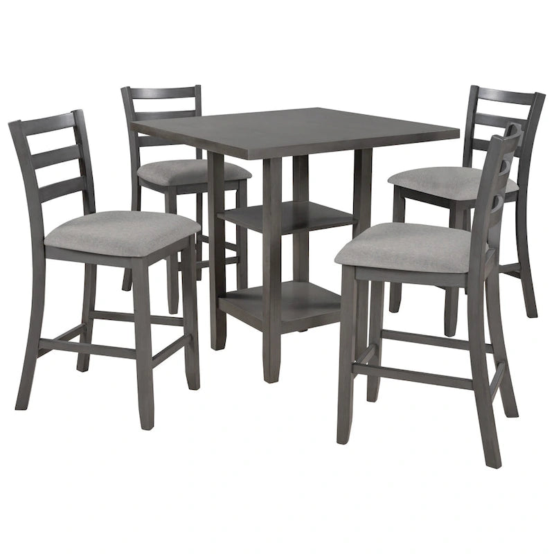 Ensemble de salle à manger 5 pièces en bois à hauteur de comptoir avec chaises rembourrées et étagères de rangement pour cuisine