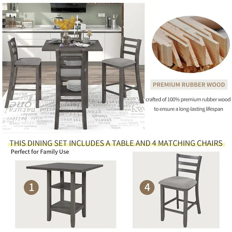 Ensemble de salle à manger 5 pièces en bois à hauteur de comptoir avec chaises rembourrées et étagères de rangement pour cuisine