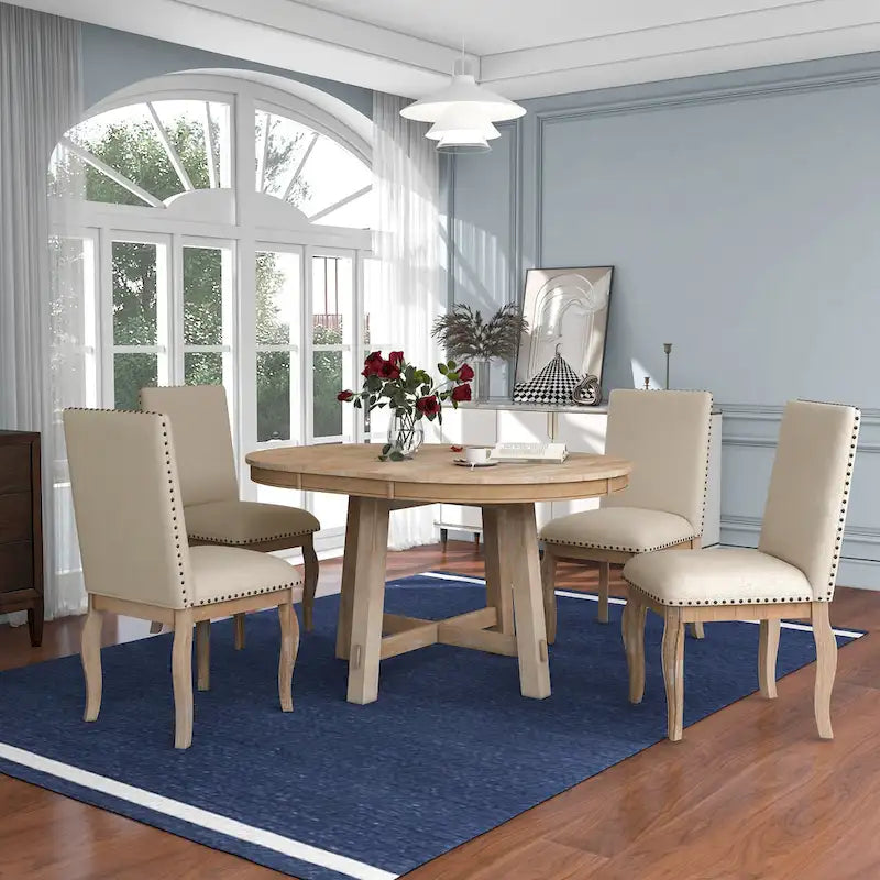 Ensemble de salle à manger 5 pièces style Ferme, Table Ronde Extensible en Bois et Chaises avec Clous pour Salle à Manger