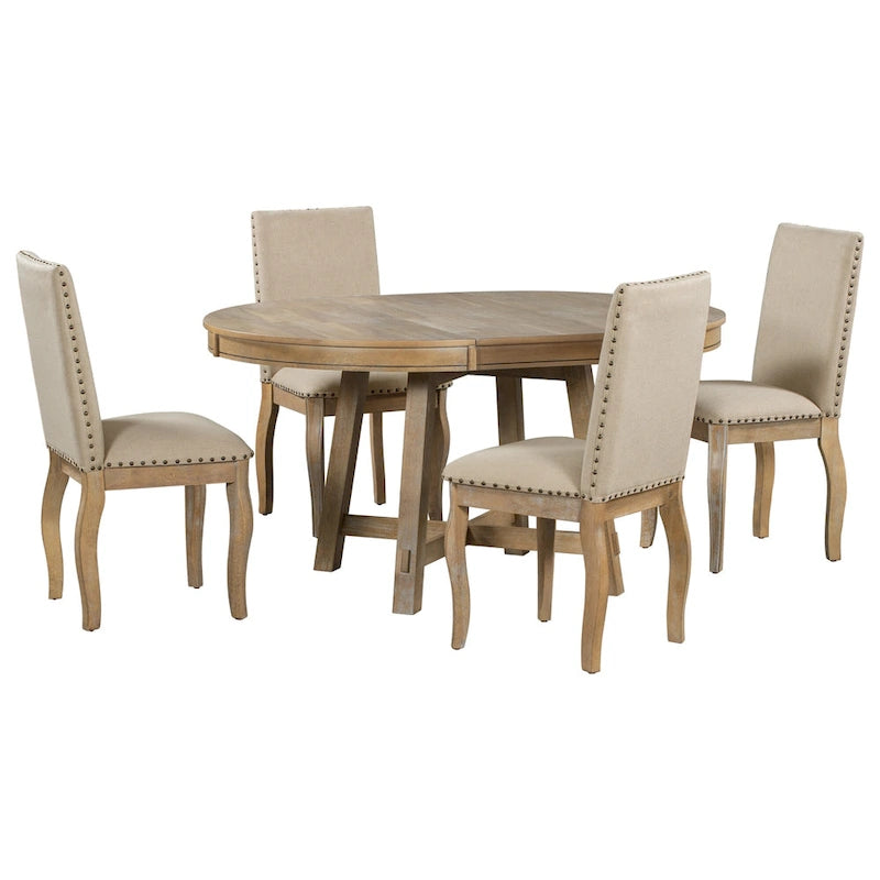 Ensemble de salle à manger 5 pièces style Ferme, Table Ronde Extensible en Bois et Chaises avec Clous pour Salle à Manger