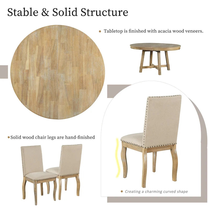 Ensemble de salle à manger 5 pièces style Ferme, Table Ronde Extensible en Bois et Chaises avec Clous pour Salle à Manger
