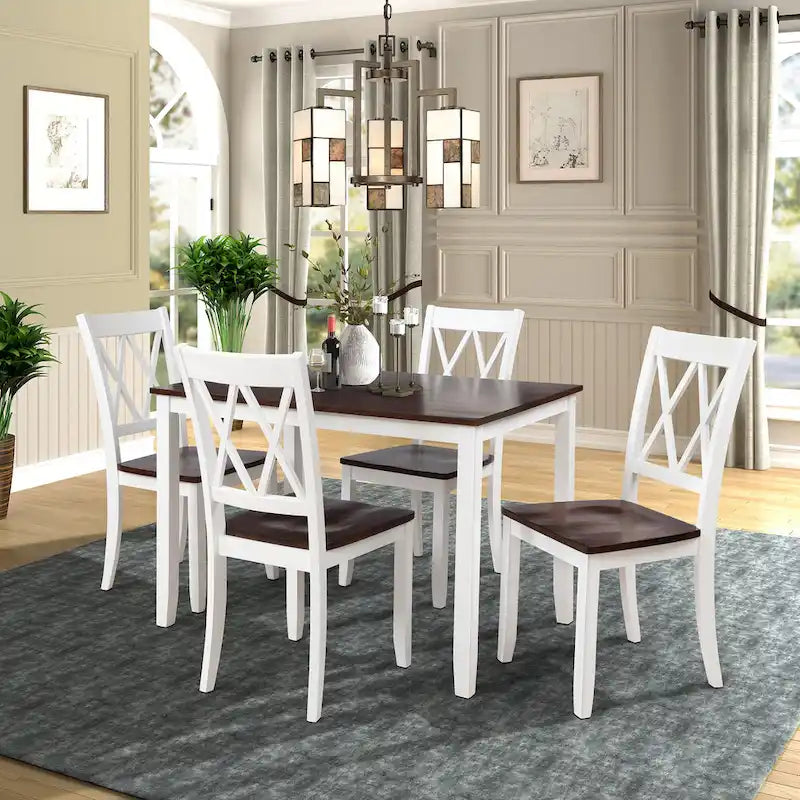 Ensemble de table et de chaises de cuisine de ferme avec patins antidérapants et chaises à dossier en X pour la cuisine