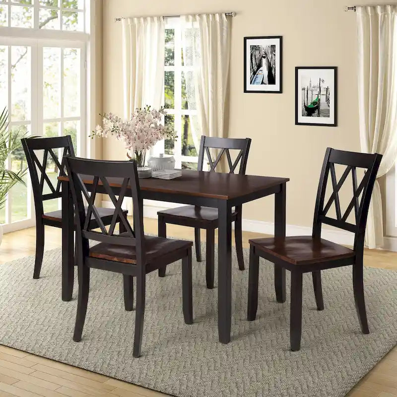 Ensemble de table et de chaises de cuisine de ferme avec patins antidérapants et chaises à dossier en X pour la cuisine