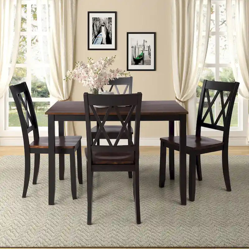 Ensemble de table et de chaises de cuisine de ferme avec patins antidérapants et chaises à dossier en X pour la cuisine