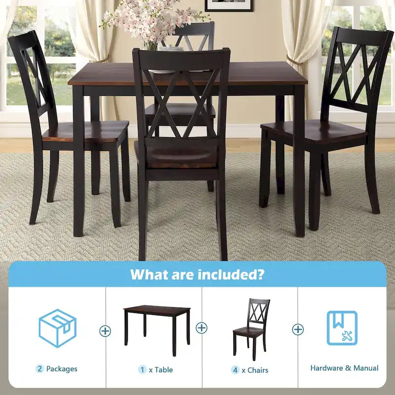 Ensemble de table et de chaises de cuisine de ferme avec patins antidérapants et chaises à dossier en X pour la cuisine