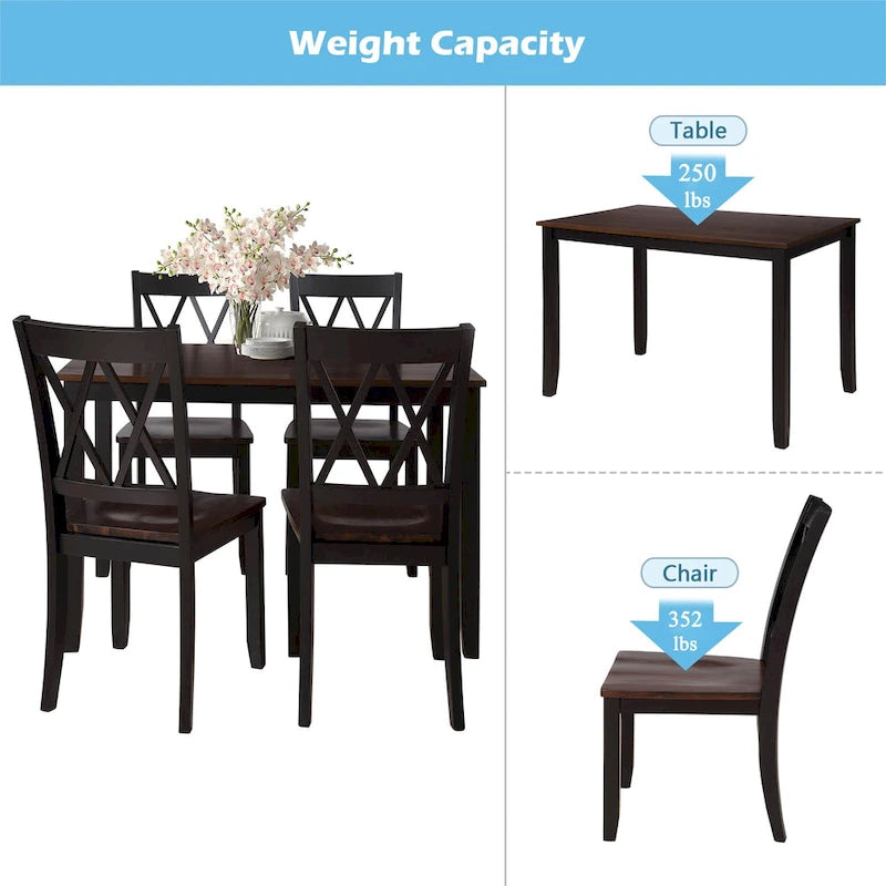 Ensemble de table et de chaises de cuisine de ferme avec patins antidérapants et chaises à dossier en X pour la cuisine