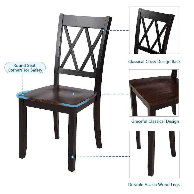 Ensemble de table et de chaises de cuisine de ferme avec patins antidérapants et chaises à dossier en X pour la cuisine