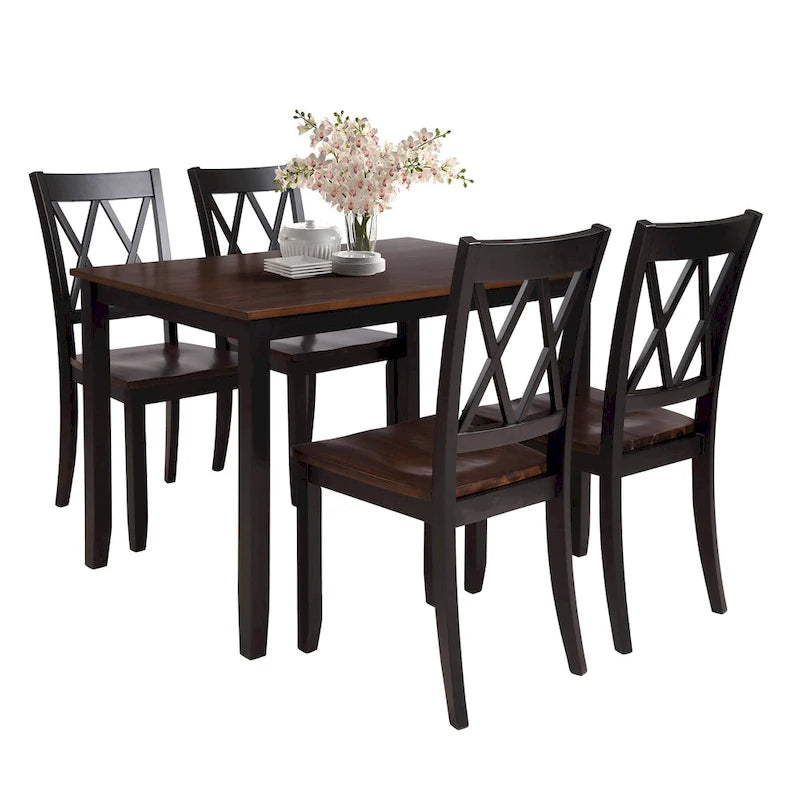 Ensemble de table et de chaises de cuisine de ferme avec patins antidérapants et chaises à dossier en X pour la cuisine