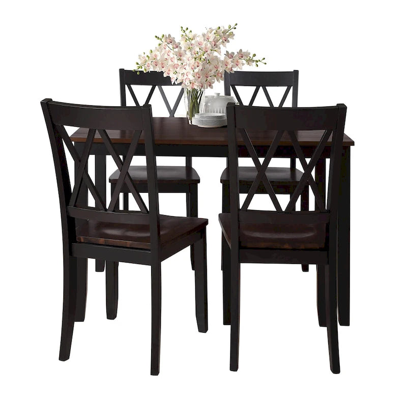 Ensemble de table et de chaises de cuisine de ferme avec patins antidérapants et chaises à dossier en X pour la cuisine