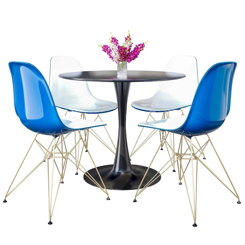 Ensemble de salle à manger 5 pièces avec table ronde en MDF de 35" et 4 chaises latérales en plastique ABS avec pieds en métal doré