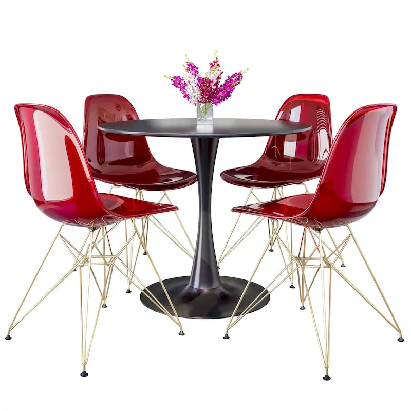 Ensemble de salle à manger 5 pièces avec table ronde en MDF de 35" et 4 chaises latérales en plastique ABS avec pieds en métal doré