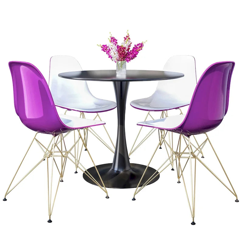 Ensemble de salle à manger 5 pièces avec table ronde en MDF de 35" et 4 chaises latérales en plastique ABS avec pieds en métal doré
