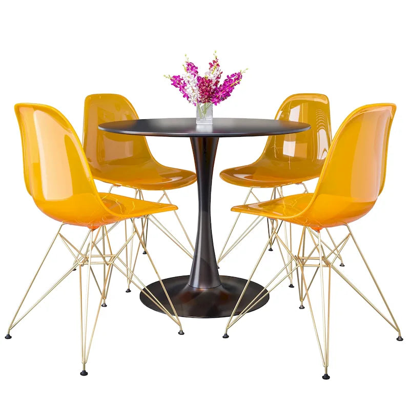 Ensemble de salle à manger 5 pièces avec table ronde en MDF de 35" et 4 chaises latérales en plastique ABS avec pieds en métal doré