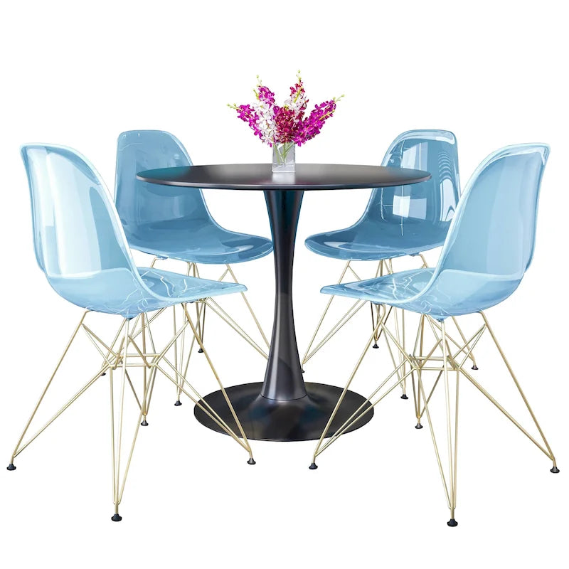Ensemble de salle à manger 5 pièces avec table ronde en MDF de 35" et 4 chaises latérales en plastique ABS avec pieds en métal doré