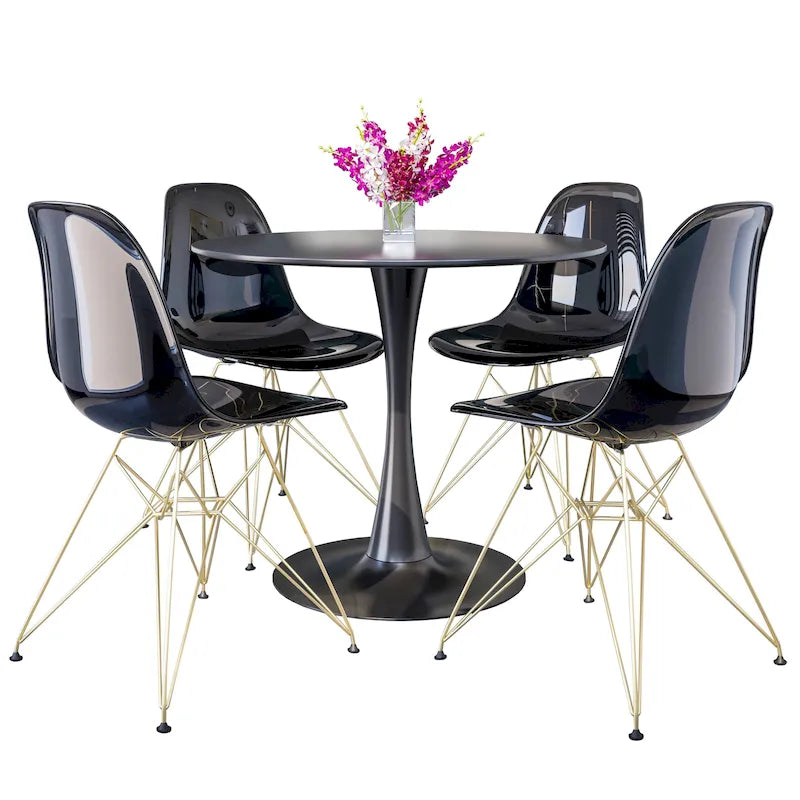 Ensemble de salle à manger 5 pièces avec table ronde en MDF de 35" et 4 chaises latérales en plastique ABS avec pieds en métal doré
