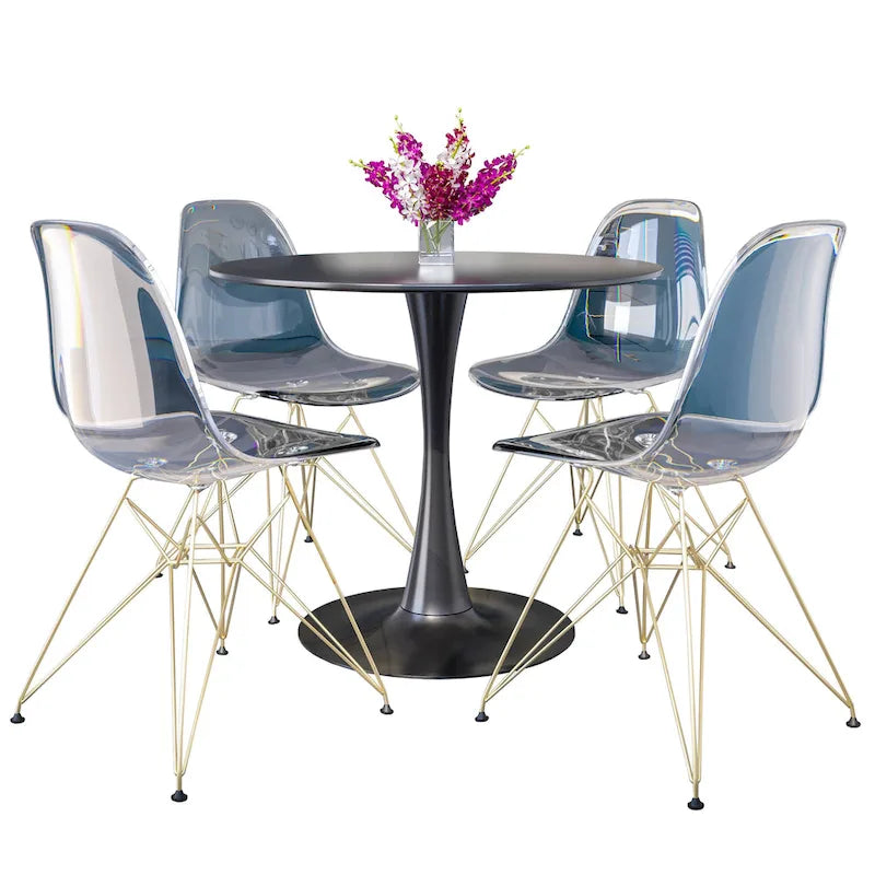 Ensemble de salle à manger 5 pièces avec table ronde en MDF de 35" et 4 chaises latérales en plastique ABS avec pieds en métal doré