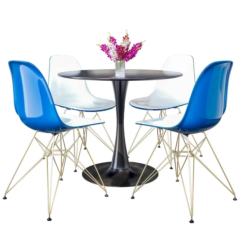 Ensemble de salle à manger 5 pièces avec table ronde en MDF de 35" et 4 chaises latérales en plastique ABS avec pieds en métal doré