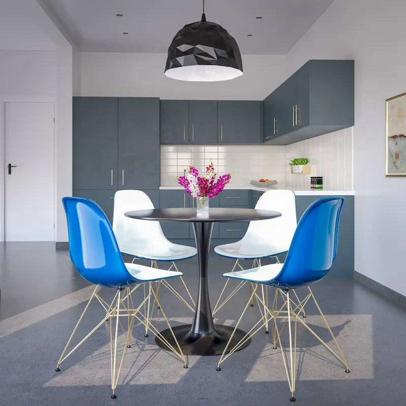 Ensemble de salle à manger 5 pièces avec table ronde en MDF de 35" et 4 chaises latérales en plastique ABS avec pieds en métal doré