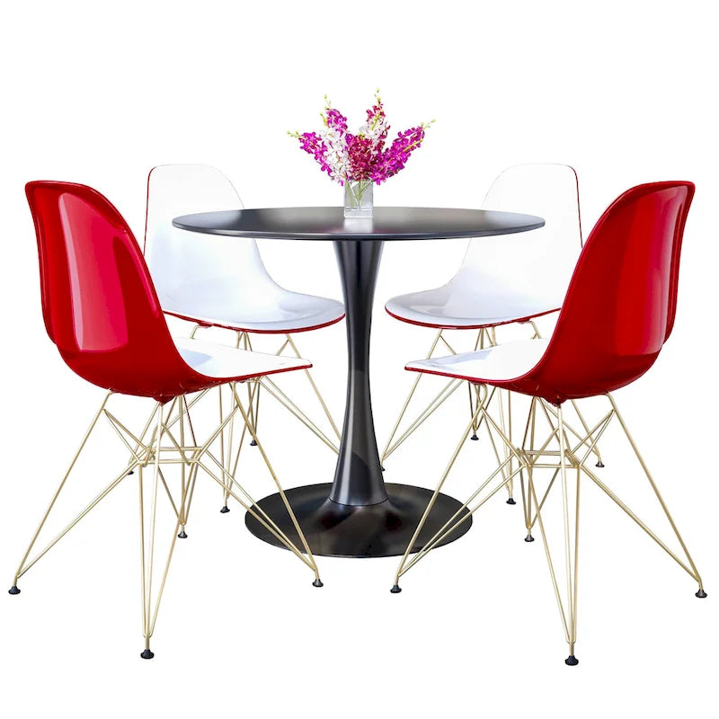 Ensemble de salle à manger 5 pièces avec table ronde en MDF de 35" et 4 chaises latérales en plastique ABS avec pieds en métal doré