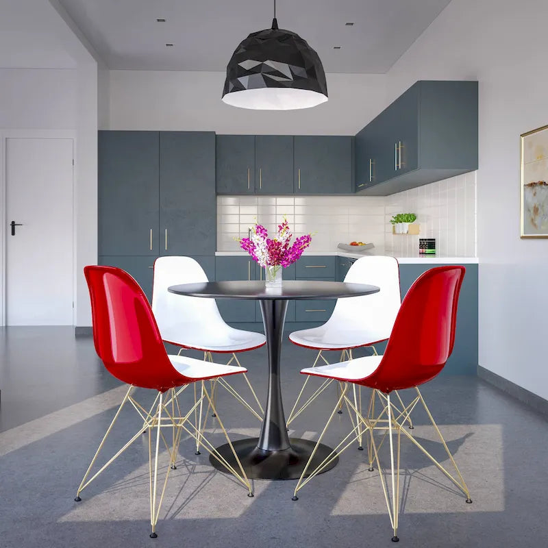 Ensemble de salle à manger 5 pièces avec table ronde en MDF de 35" et 4 chaises latérales en plastique ABS avec pieds en métal doré