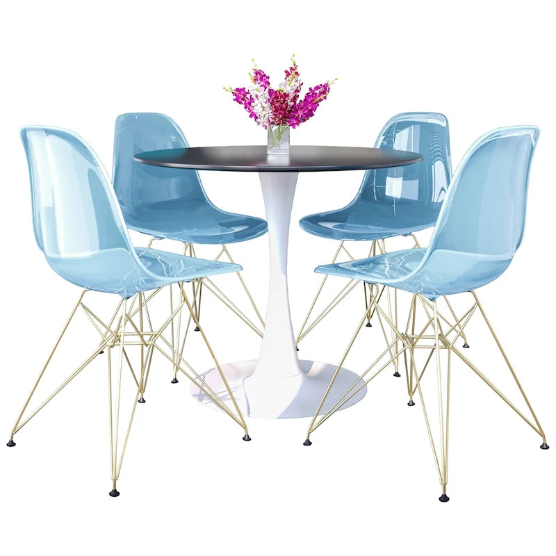 Ensemble de salle à manger 5 pièces Bristol – Table ronde 35" et 4 chaises en plastique avec base dorée