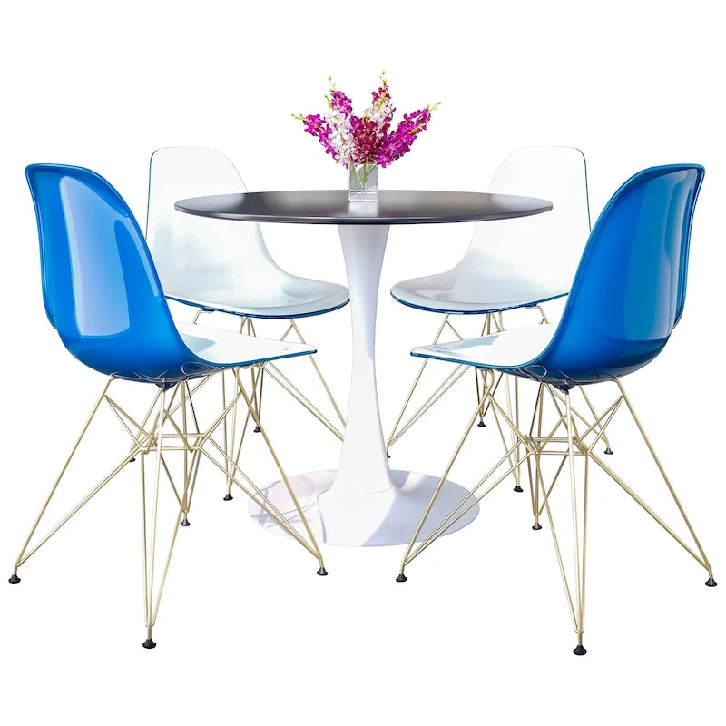 Ensemble de salle à manger 5 pièces Bristol – Table ronde 35" et 4 chaises en plastique avec base dorée