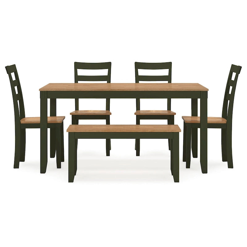 Ensemble table de salle à manger Gasy avec 4 chaises, 1 banc, bois vert foncé, marron
