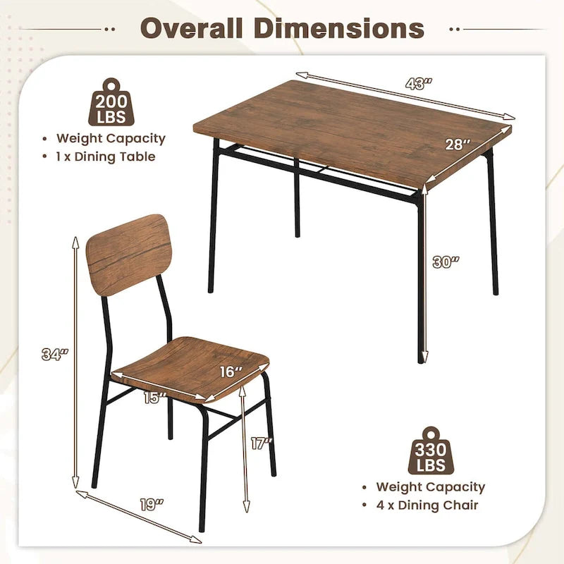 Ensemble table de cuisine carrée et 4 chaises Costway 5 pièces en bois avec cadre en métal