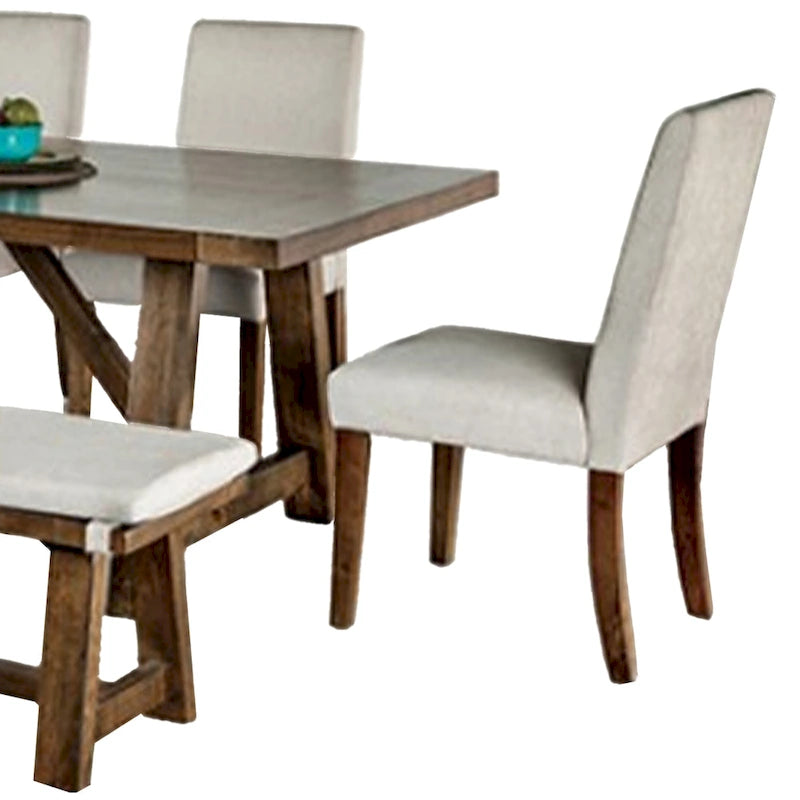 Ensemble de salle à manger Jule 7 pièces, table rectangulaire marron, chaises, banc avec assise blanche