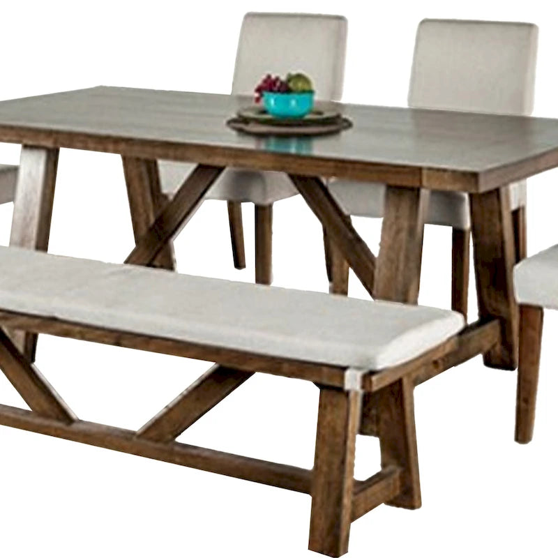 Ensemble de salle à manger Jule 7 pièces, table rectangulaire marron, chaises, banc avec assise blanche