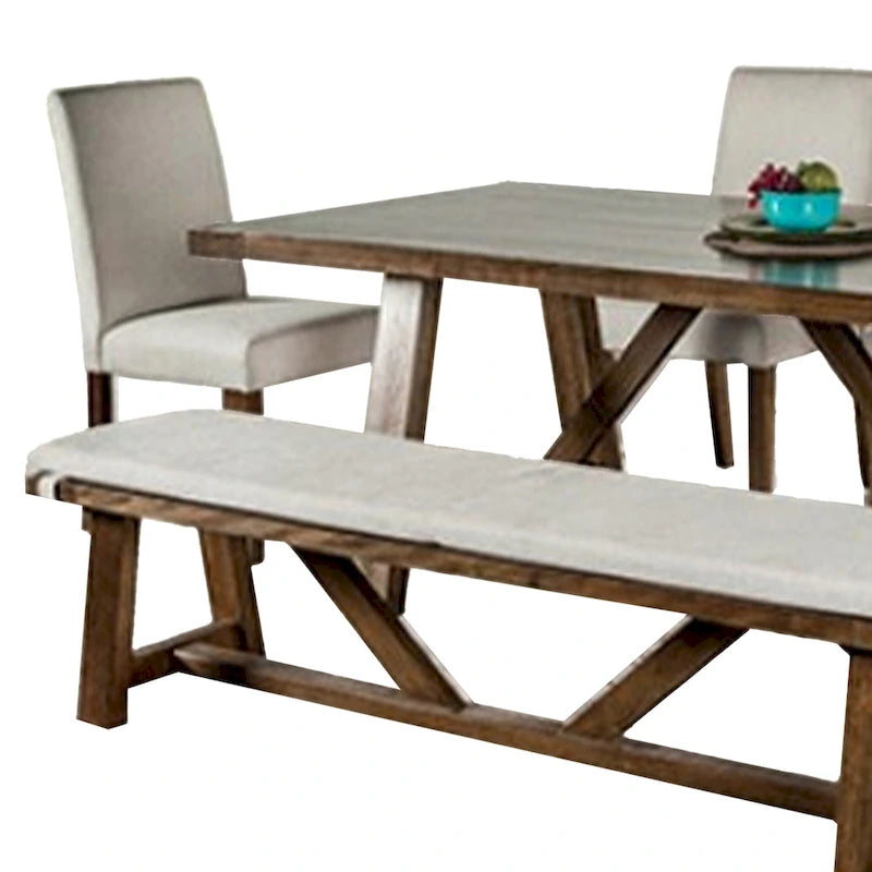 Ensemble de salle à manger Jule 7 pièces, table rectangulaire marron, chaises, banc avec assise blanche