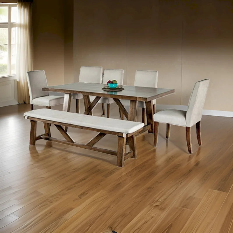Ensemble de salle à manger Jule 7 pièces, table rectangulaire marron, chaises, banc avec assise blanche