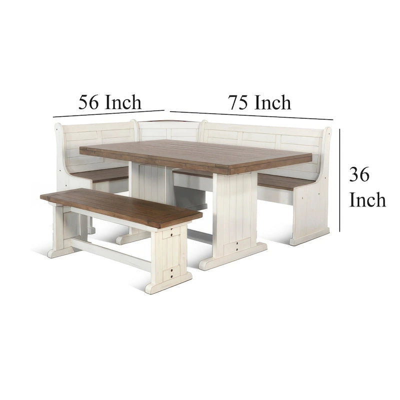 Ensemble coin-repas 4 pièces Sime avec banc et table à manger blancs et marron