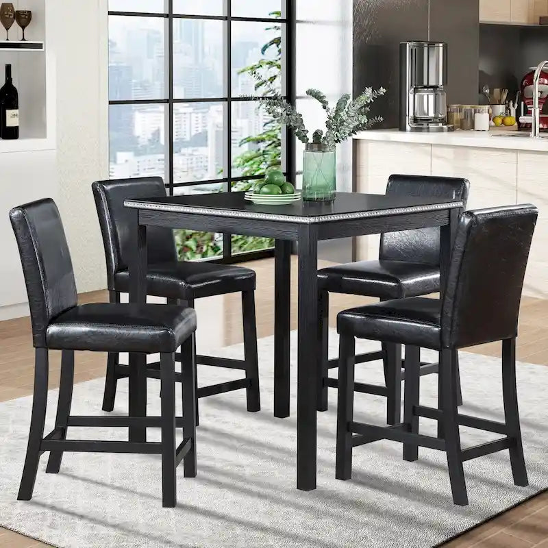 Ensemble de salle à manger 5 pièces à hauteur de comptoir, Meubles de salle à manger en bois avec table carrée et 4 chaises rembourrées