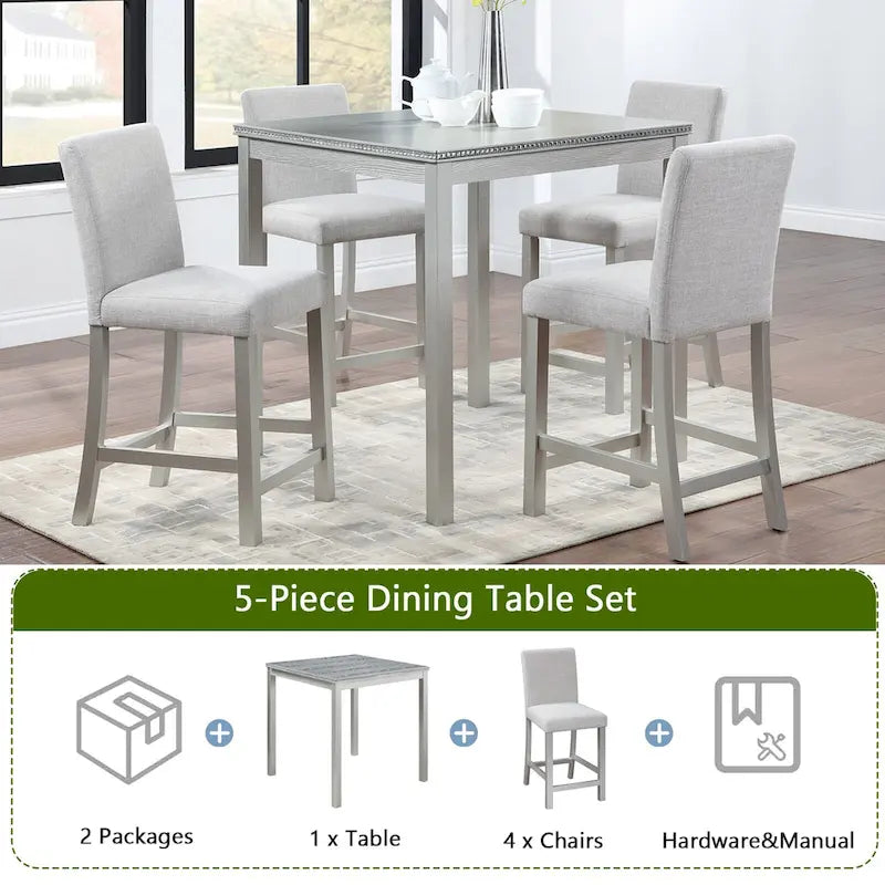 Ensemble de salle à manger 5 pièces à hauteur de comptoir, Meubles de salle à manger en bois avec table carrée et 4 chaises rembourrées