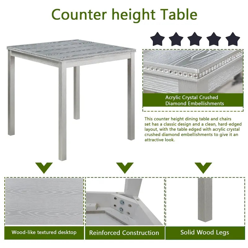 Ensemble de salle à manger 5 pièces à hauteur de comptoir, Meubles de salle à manger en bois avec table carrée et 4 chaises rembourrées