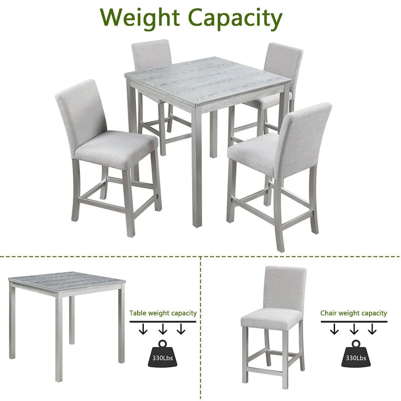 Ensemble de salle à manger 5 pièces à hauteur de comptoir, Meubles de salle à manger en bois avec table carrée et 4 chaises rembourrées