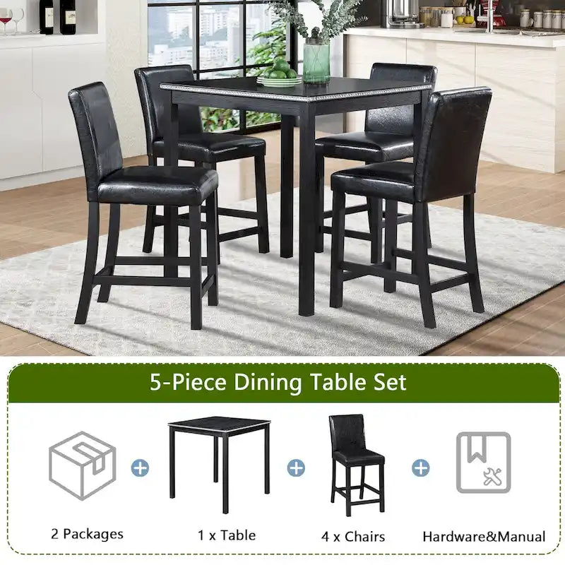 Ensemble de salle à manger 5 pièces à hauteur de comptoir, Meubles de salle à manger en bois avec table carrée et 4 chaises rembourrées