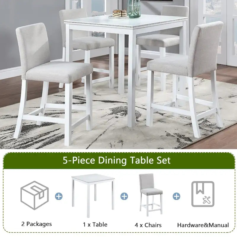 Ensemble de salle à manger 5 pièces à hauteur de comptoir, Meubles de salle à manger en bois avec table carrée et 4 chaises rembourrées